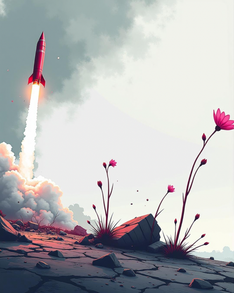 A rocket launches into the sky near blooming pink flowers on cracked ground under a cloudy sky.
