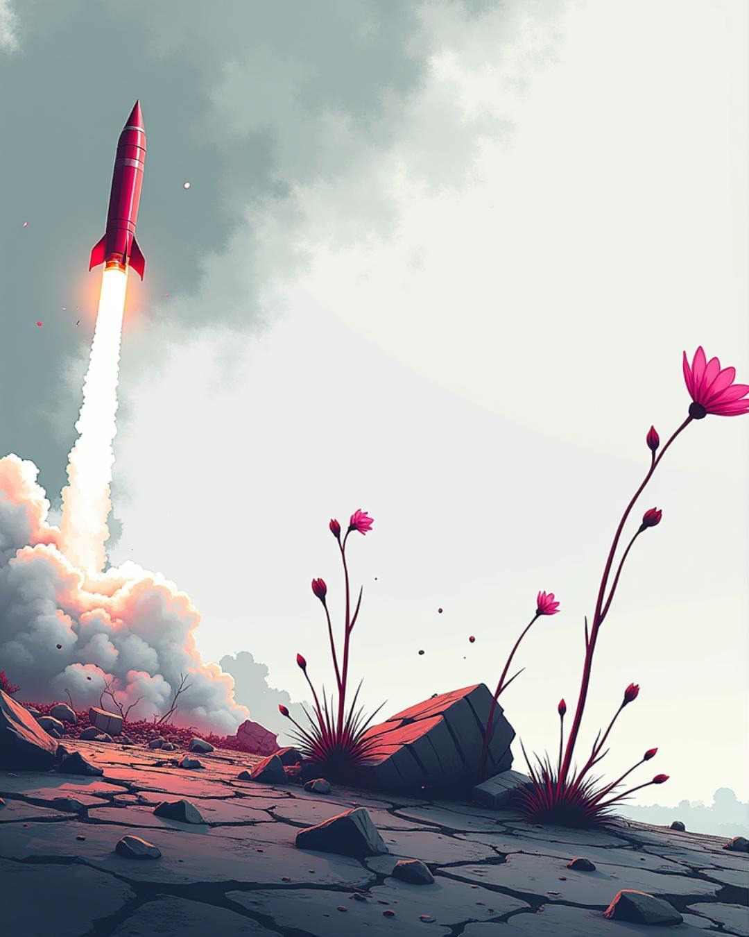 A rocket launches into the sky near blooming pink flowers on cracked ground under a cloudy sky.