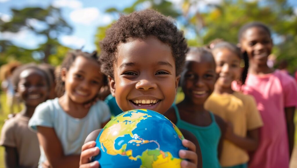 Smiling child holding a globe, standing outside with friends on a sunny day.