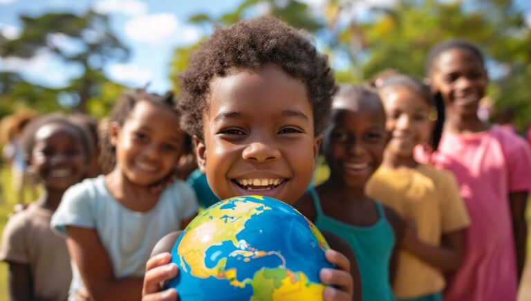 Smiling child holding a globe, standing outside with friends on a sunny day.