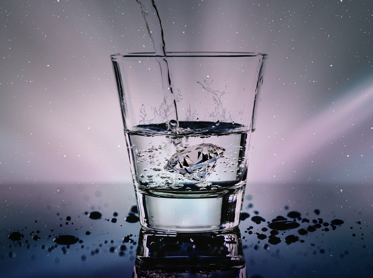 A glass of water with a diamond inside, water splashing as more water is poured in, against a starry background.