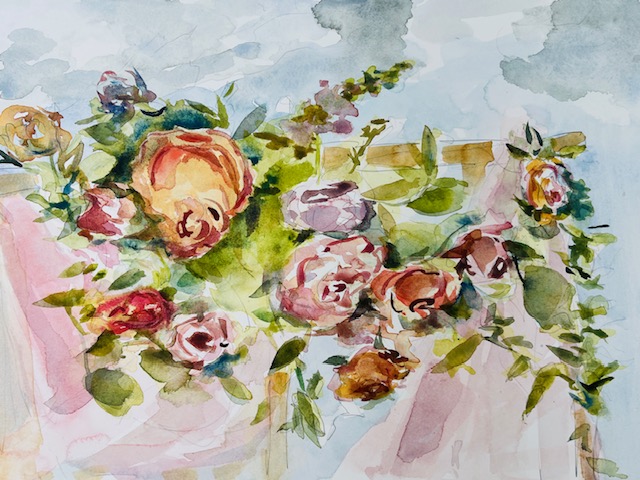 Watercolor painting of roses and greenery draped on a wooden structure under a cloudy sky.