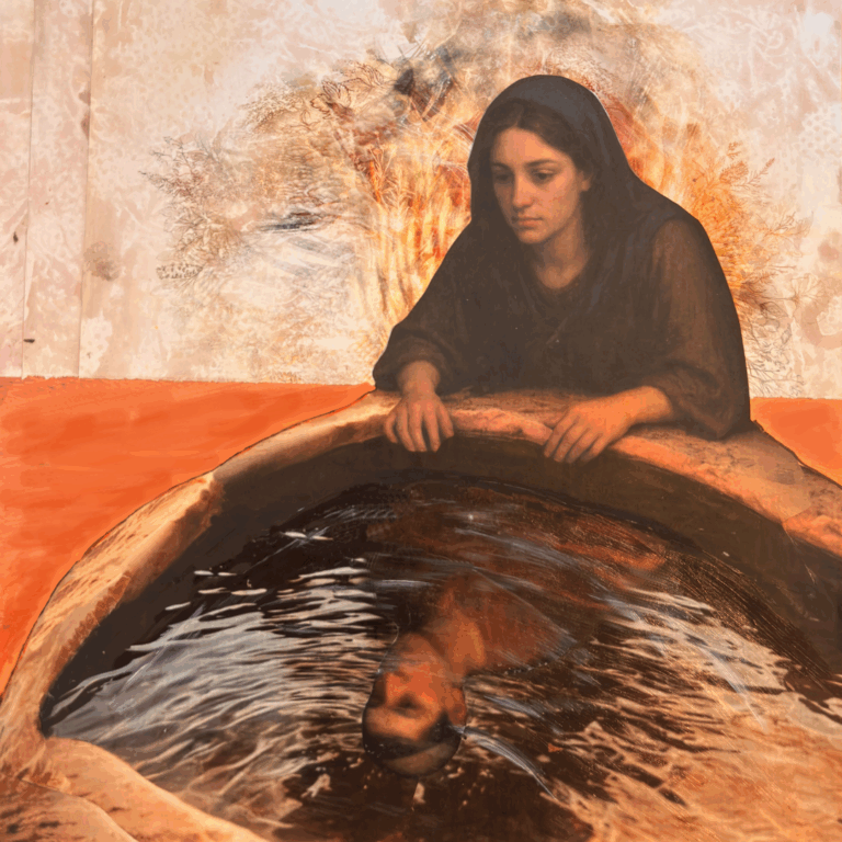 A woman in dark clothing gazes into a water basin, seeing her own reflection in the rippling water.