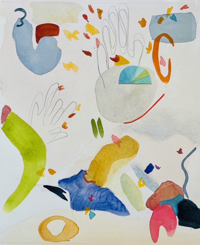 Abstract watercolor art with colorful shapes, outlines of hands, and scattered leaf-like elements on a white background.