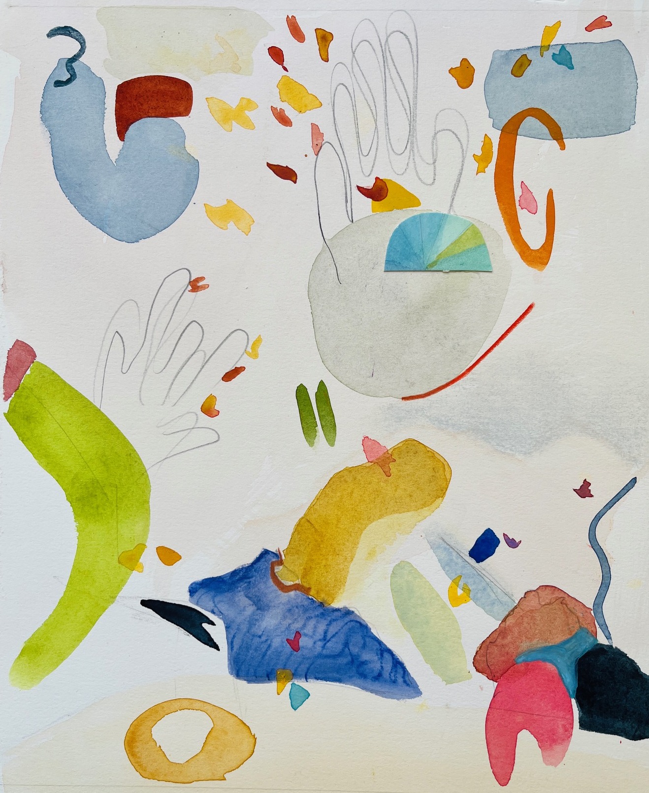 Abstract watercolor art with colorful shapes, outlines of hands, and scattered leaf-like elements on a white background.
