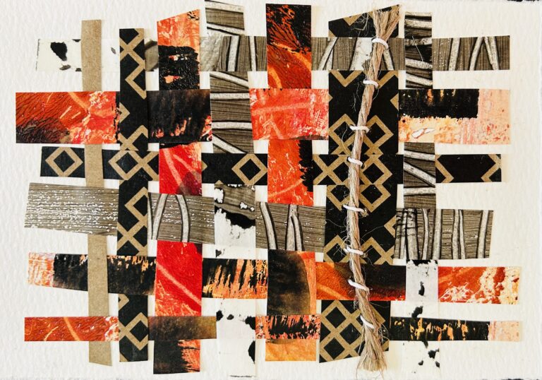 Abstract collage with woven strips of red, black, and brown paper; geometric and textured patterns throughout.