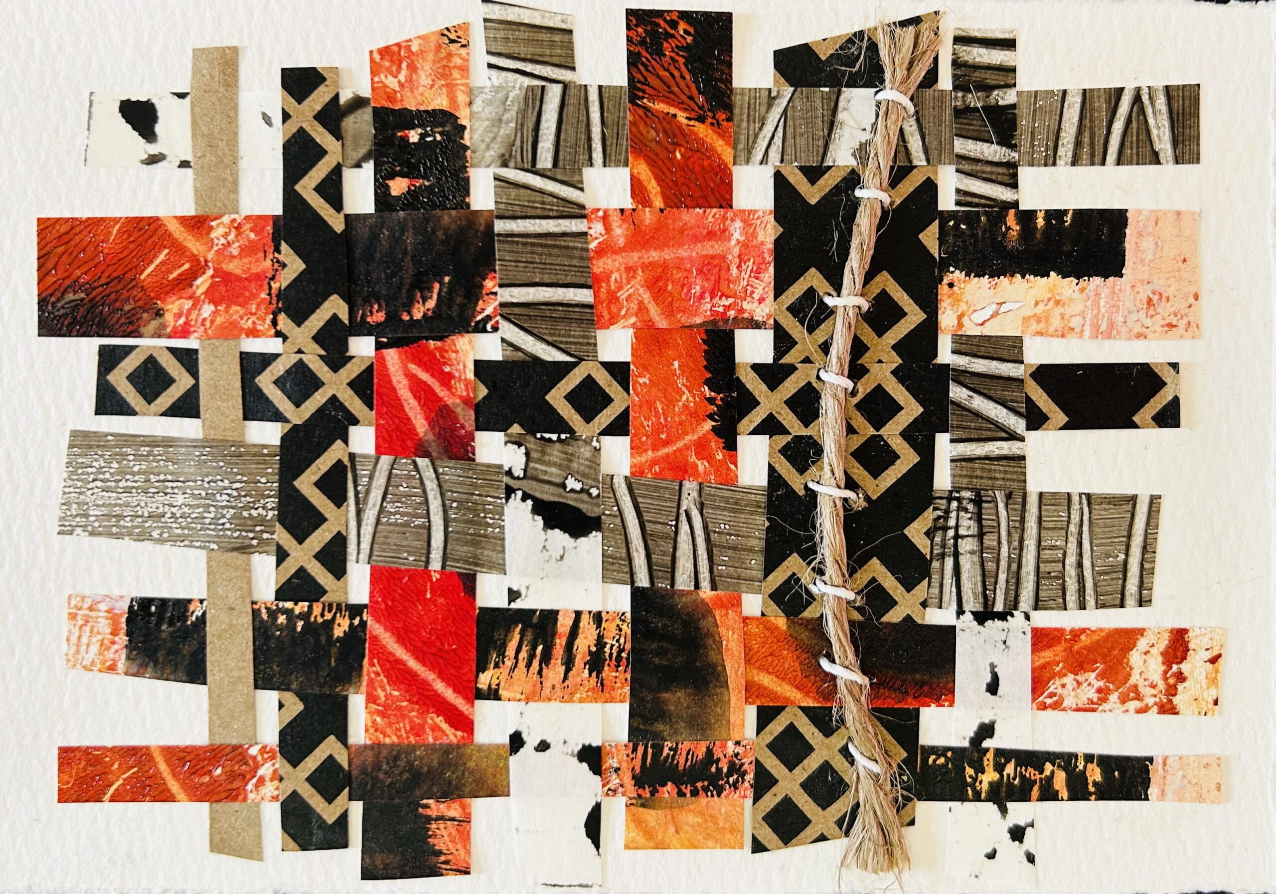Abstract collage with woven strips of red, black, and brown paper; geometric and textured patterns throughout.
