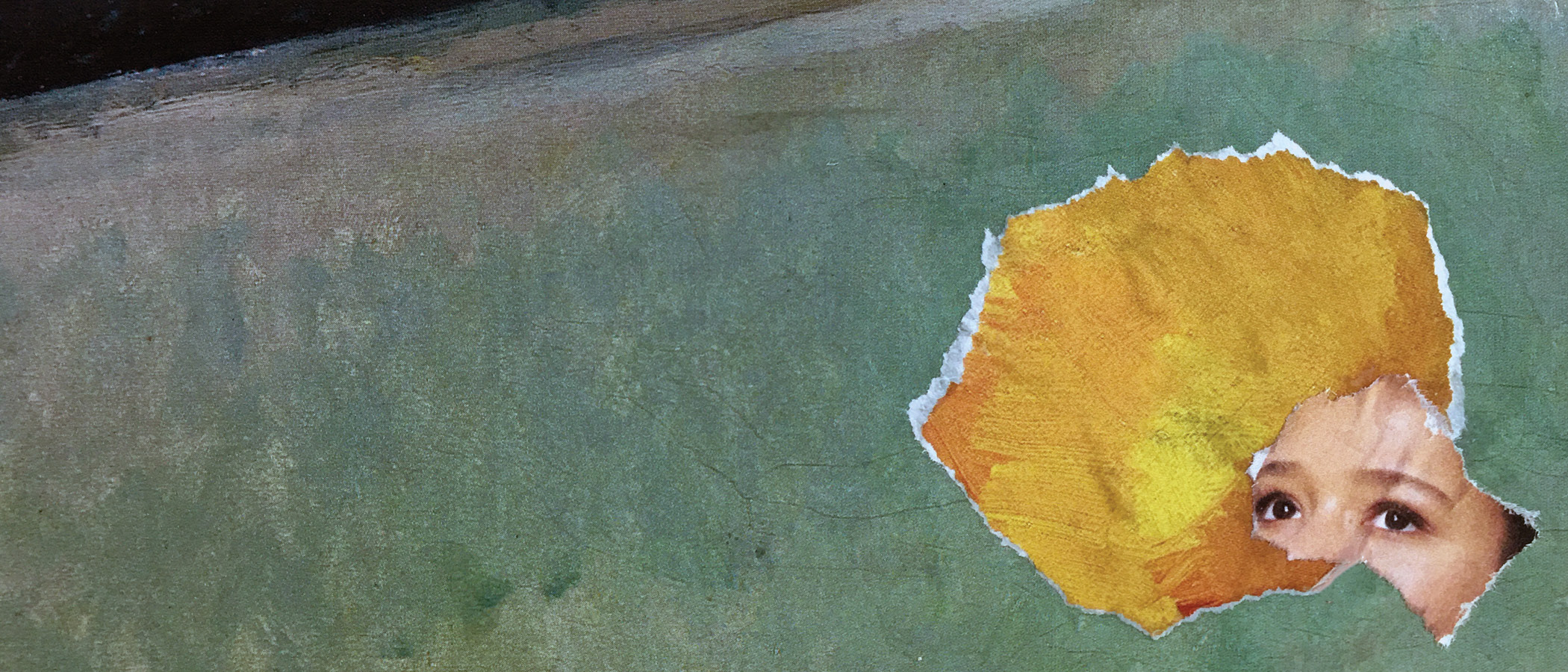 A torn yellow patch reveals a pair of eyes peeking through a muted green painted surface.