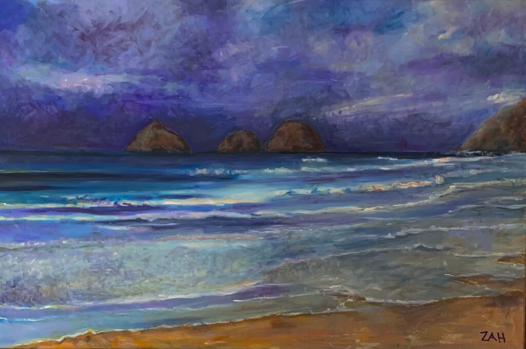 A vivid seascape painting with waves, sandy shore, and three rocky islands under a dramatic purple sky.
