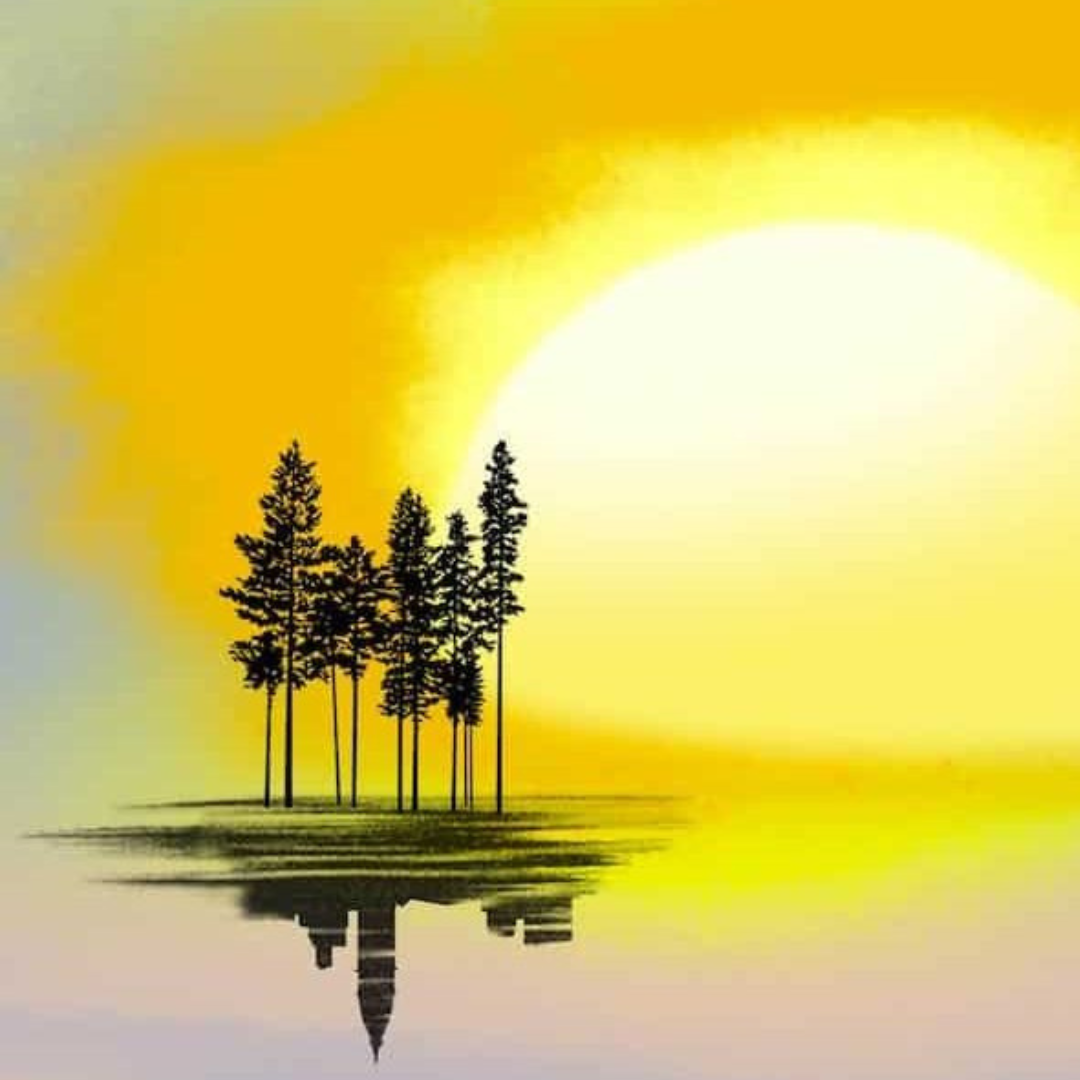 Tall trees beside a bright yellow sun, with their reflections on a calm water surface below.