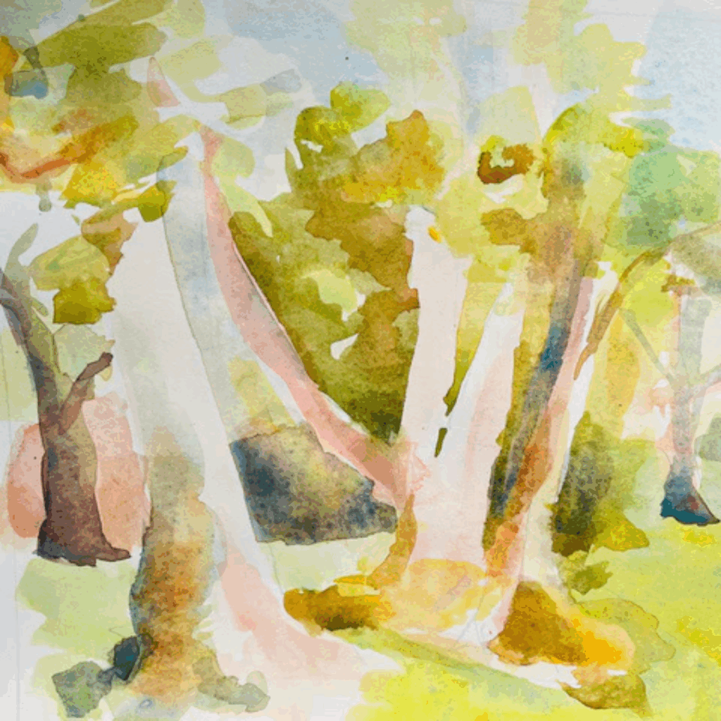 Watercolor painting of tall trees with green and yellow foliage in a sunlit forest scene.