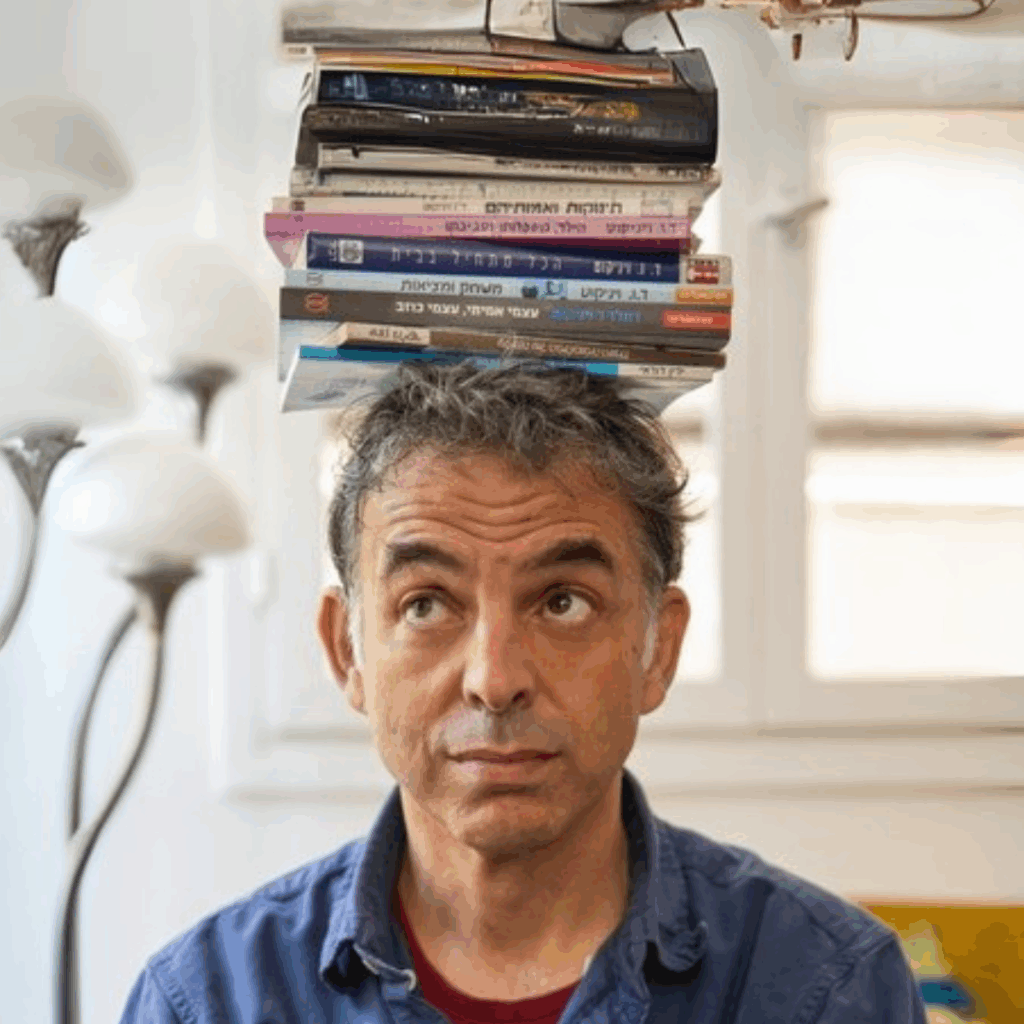 Etgar Keret is a man balancing a stack of books on his head, looking up at them, indoors by a window and lamp.