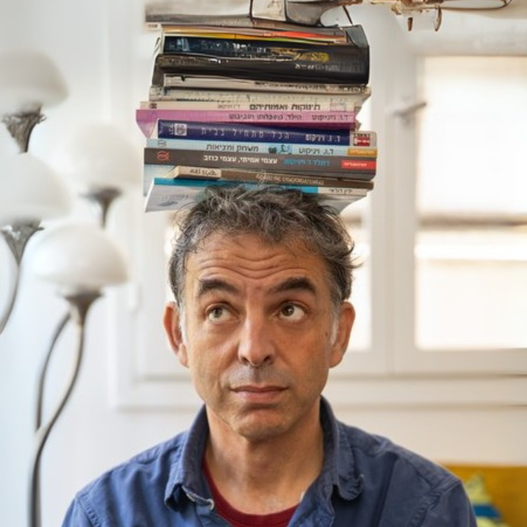 Etgar Keret is a man balancing a stack of books on his head, looking up at them, indoors by a window and lamp.