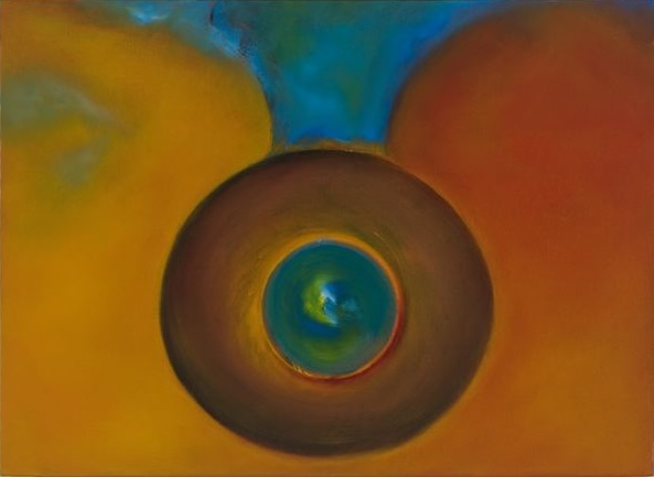 Abstract art with a dark circular center, surrounded by orange, yellow, blue, and green gradient swirls.