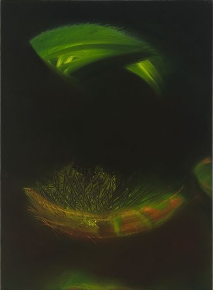 Abstract green and yellow shapes on a dark background, creating a glowing, organic effect.