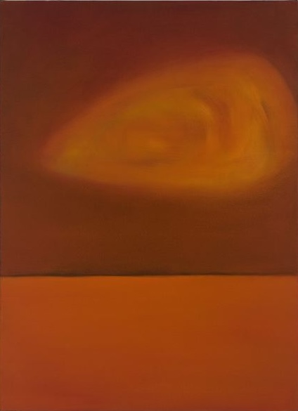 3-_Not Knowing_ – Lech Lecha- ed Abstract painting with an orange and yellow cloud shape above a flat orange-red landscape and dark red sky.