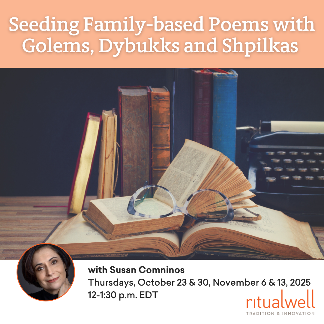 Stack of old books, an open journal with glasses, and event details about a poetry workshop with Susan Comninos.