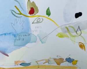 Abstract watercolor of hands, eyes, leaves, and shapes in soft blue, yellow, green, and red tones.