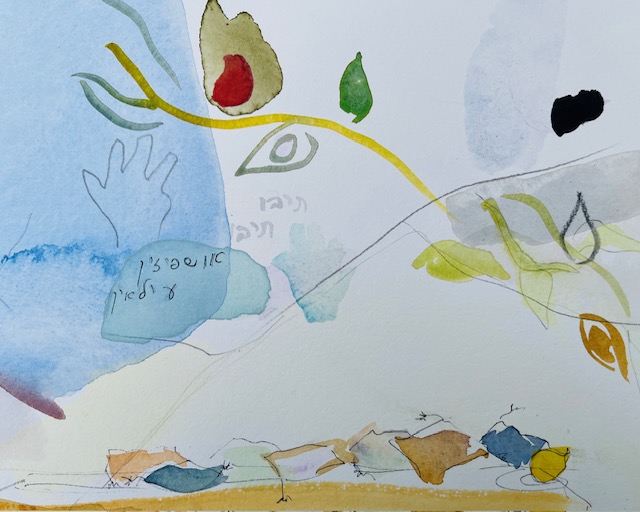 Abstract watercolor of hands, eyes, leaves, and shapes in soft blue, yellow, green, and red tones.