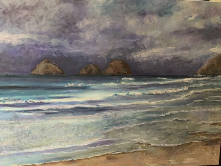 Painting of a cloudy seascape with waves and three large rocky islands in the distance.