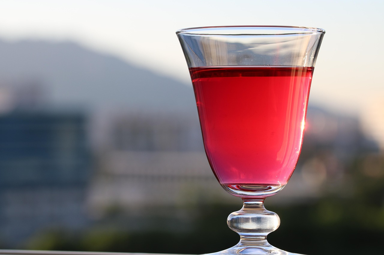A clear glass filled with red liquid, set against a blurred outdoor background with mountains.