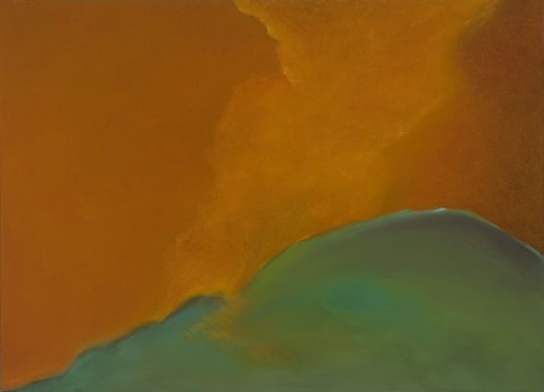 Abstract painting with a blend of orange and green hues, featuring a hazy, cloud-like transition between colors.