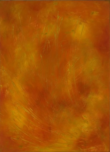 Abstract painting with swirling shades of orange, yellow, and hints of green, creating a warm, fiery effect.