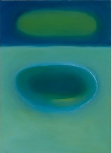 Abstract art with two blurred oval shapes, one above the other, in shades of blue and green.