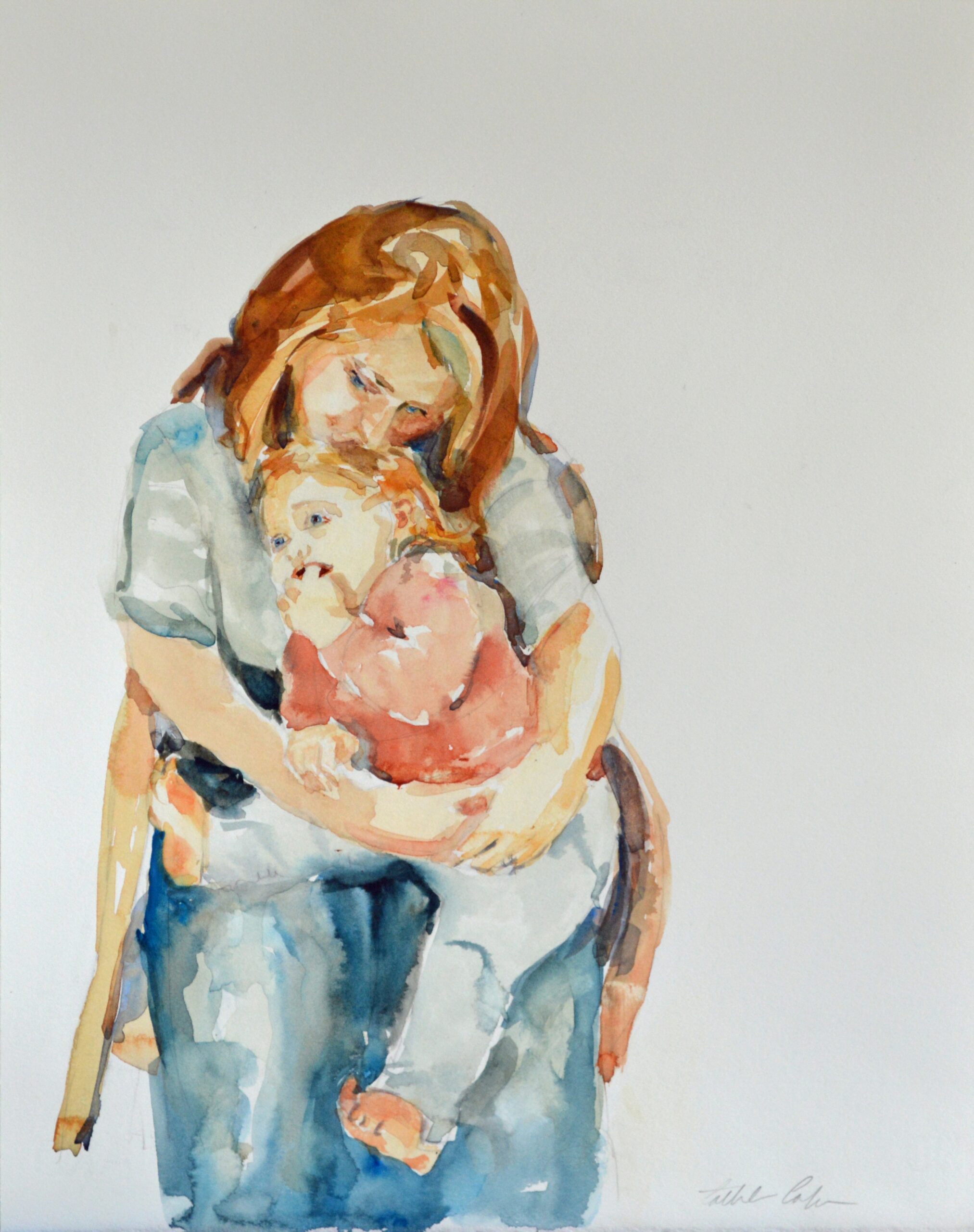 Watercolor painting of a woman hugging a small child on her lap, both faces soft and gentle.