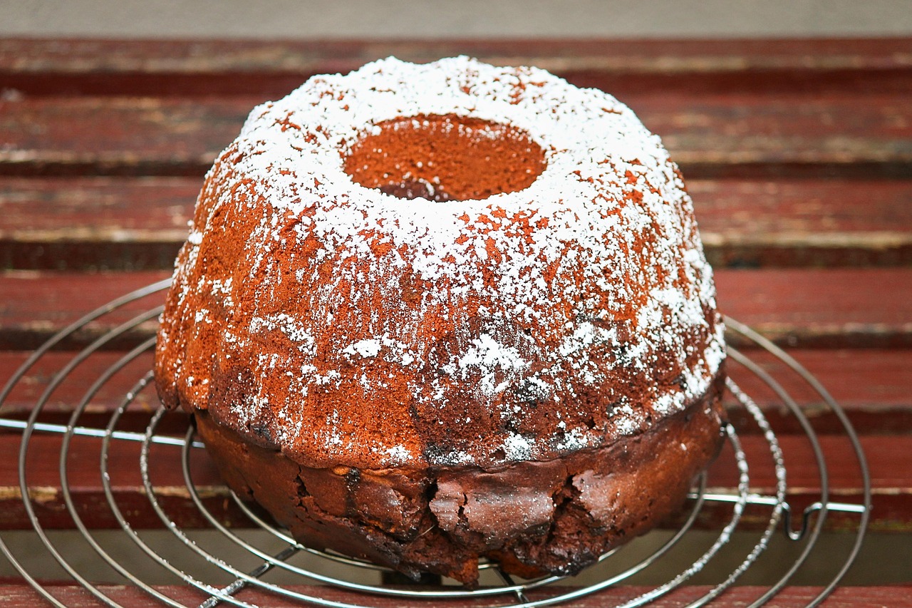 A chocolate bundt cake dusted with powdered sugar sits on a metal cooling rack.