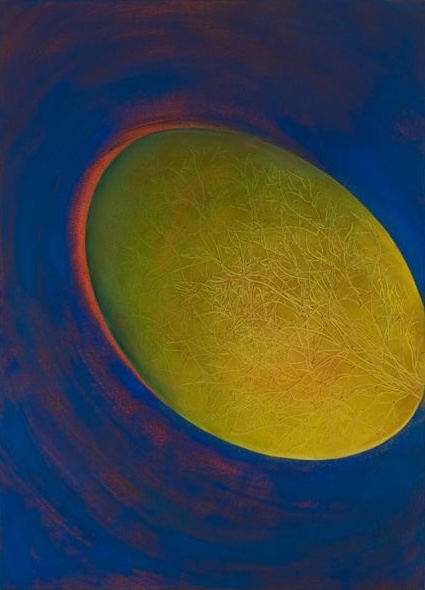 Abstract yellow-green oval with fine lines, surrounded by deep blue and red swirling patterns.