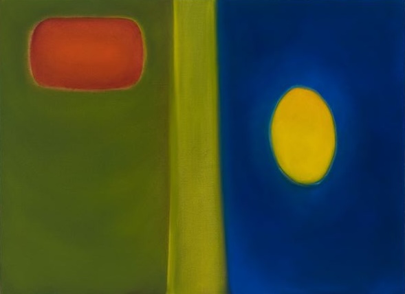 Abstract painting: red rectangle on green left side, yellow oval on blue right side, divided by a vertical yellow stripe.