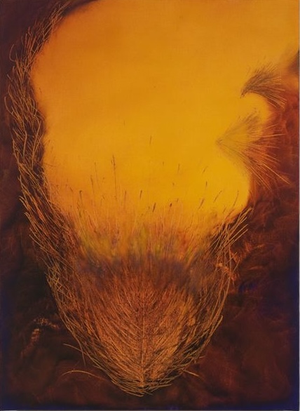 Abstract artwork with a bright yellow-orange background and wispy, feather-like brown shapes at the bottom and sides.