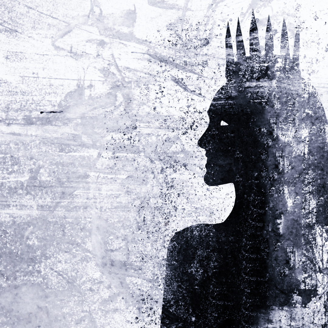 Silhouette of a woman in profile wearing a jagged crown against a textured, abstract background.