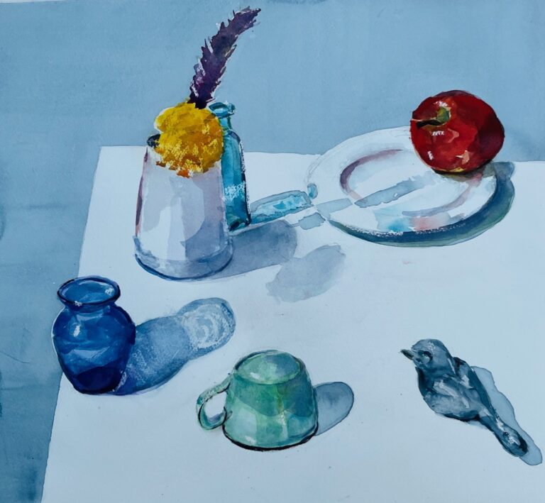 A still life painting of a vase with flowers, a plate with an apple, a blue vase, green cup, and bird figurine.