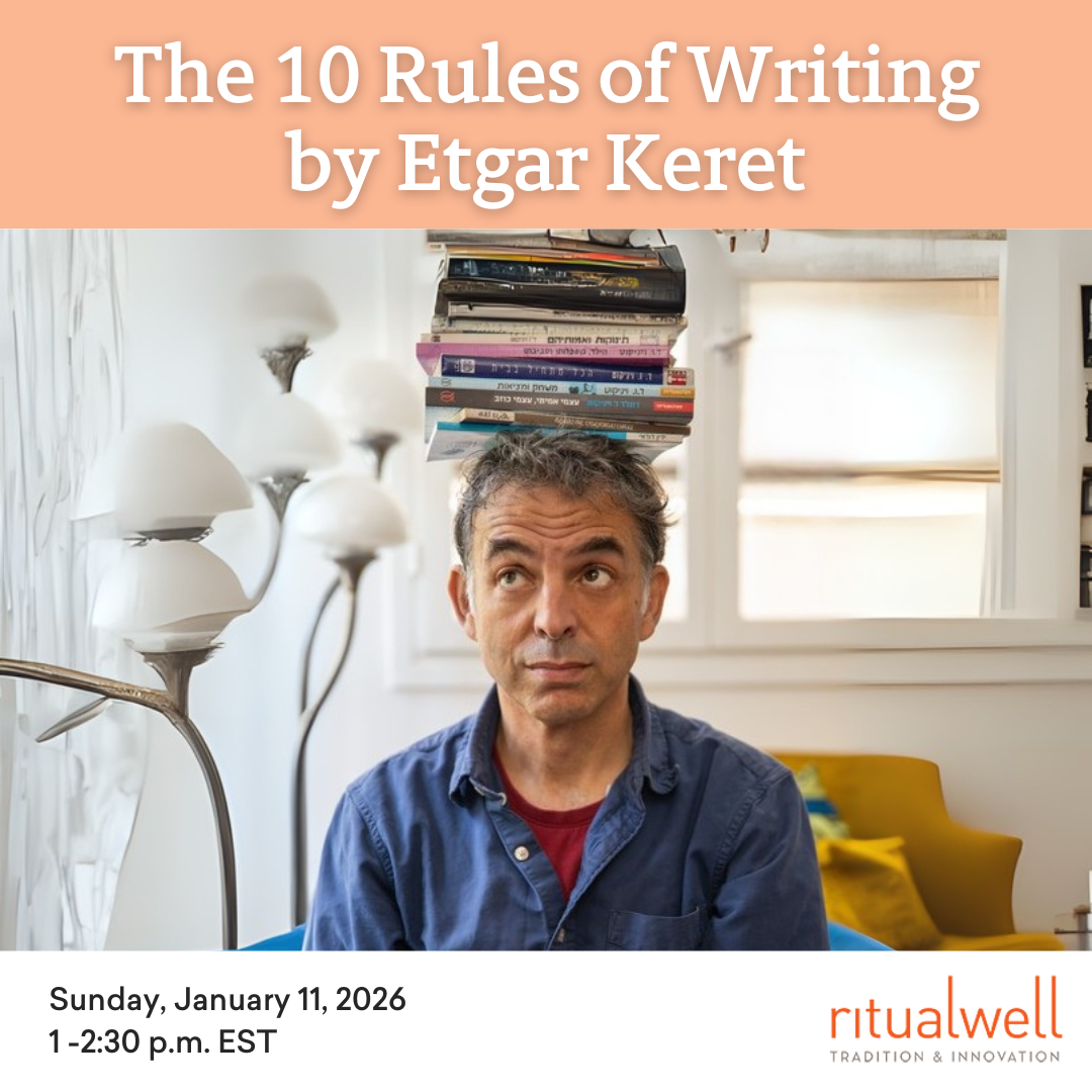 A man balances a stack of books on his head, seated indoors with event details for a writing talk displayed.