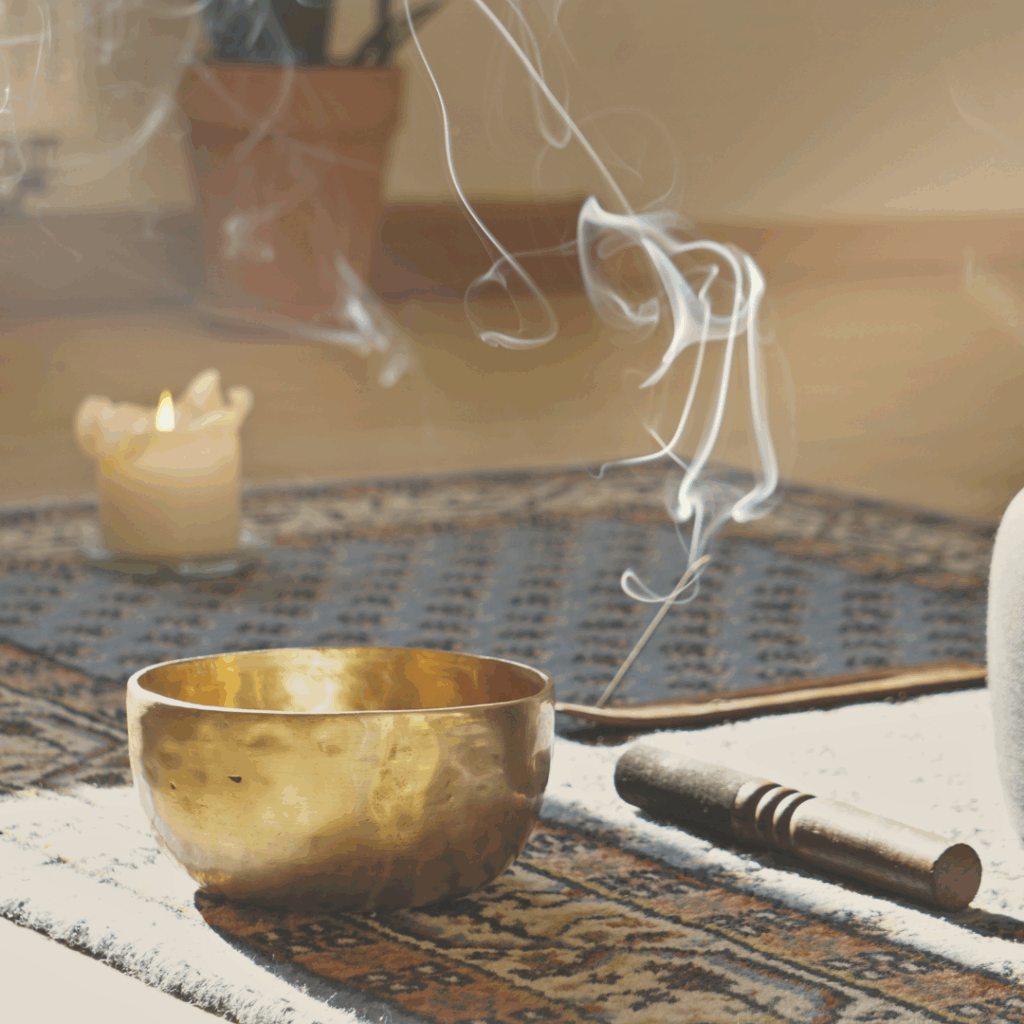 A brass singing bowl, incense smoke, and a candle on a patterned rug in soft natural light.