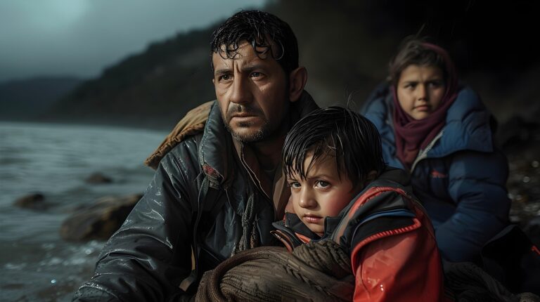 A worried man and two children in wet clothing sit by a lakeshore, looking into the distance.