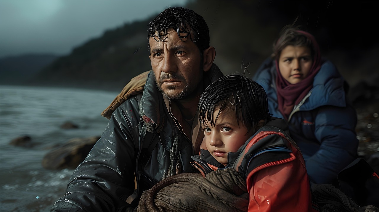 A worried man and two children in wet clothing sit by a lakeshore, looking into the distance.
