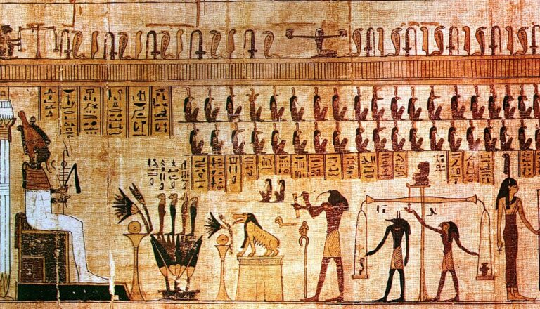 Ancient Egyptian wall painting showing gods, hieroglyphs, and figures in ceremonial poses.