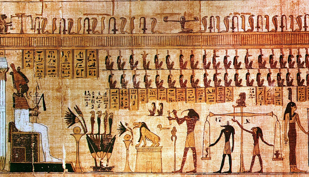 Ancient Egyptian wall painting showing gods, hieroglyphs, and figures in ceremonial poses.