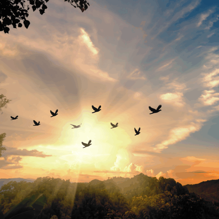 Flock of birds flying over hills at sunset, with sun rays shining through colorful clouds.