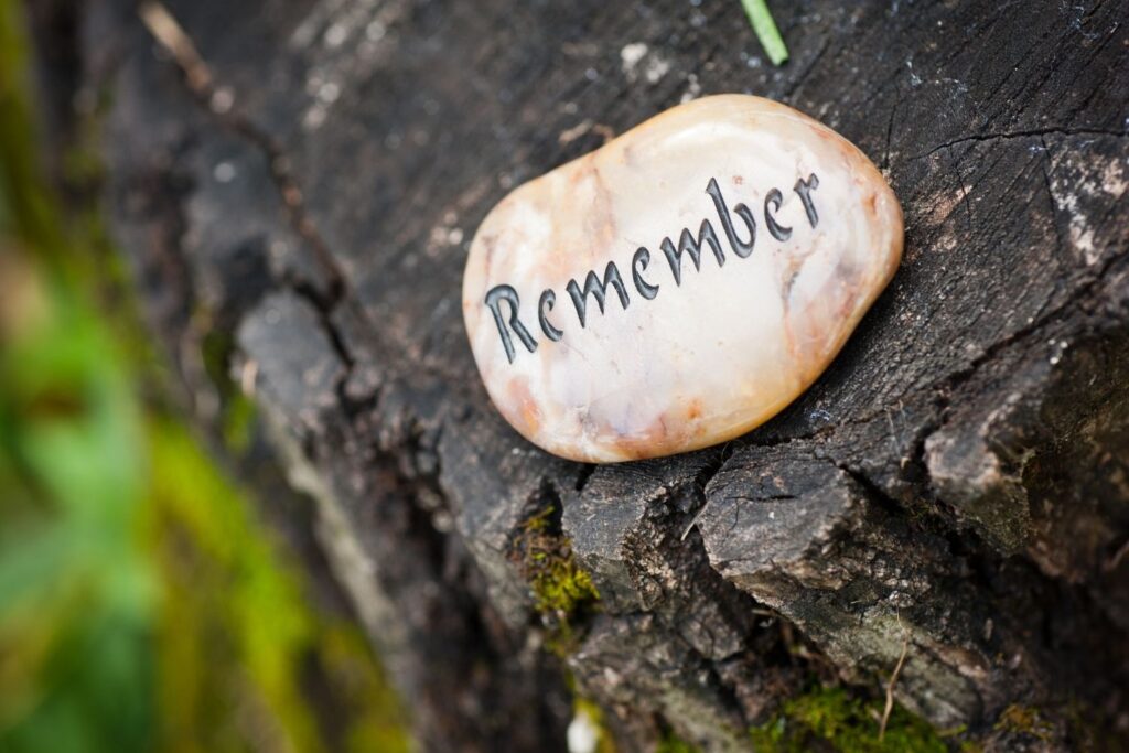 A smooth stone engraved with Remember rests on a mossy tree stump.