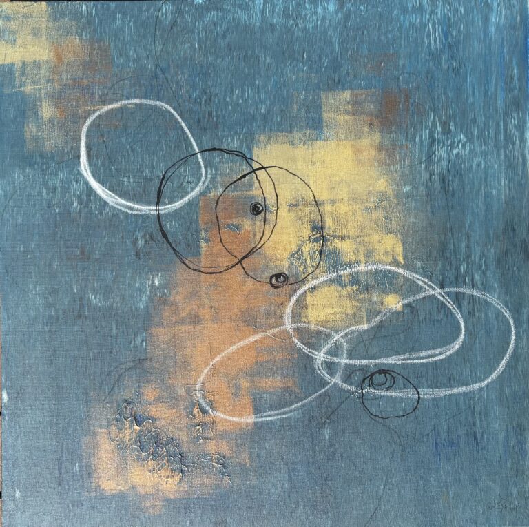 Abstract painting with blue and gold textured background, overlaid with black and white overlapping circles.