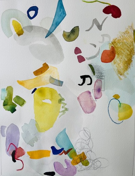 Abstract watercolor painting with colorful, irregular shapes and brushstrokes scattered on white paper.
