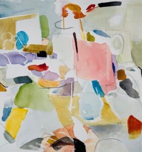 Abstract watercolor painting with colorful shapes and lines in pink, yellow, blue, and green tones on a light background.