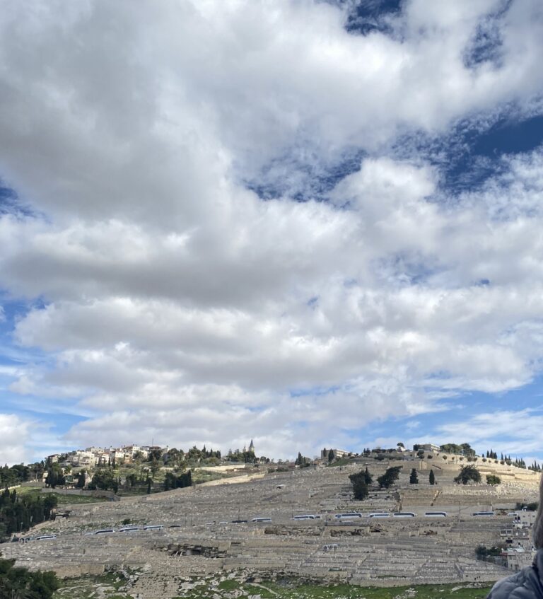 A hillside with stone terraces and green trees under a partly cloudy sky.