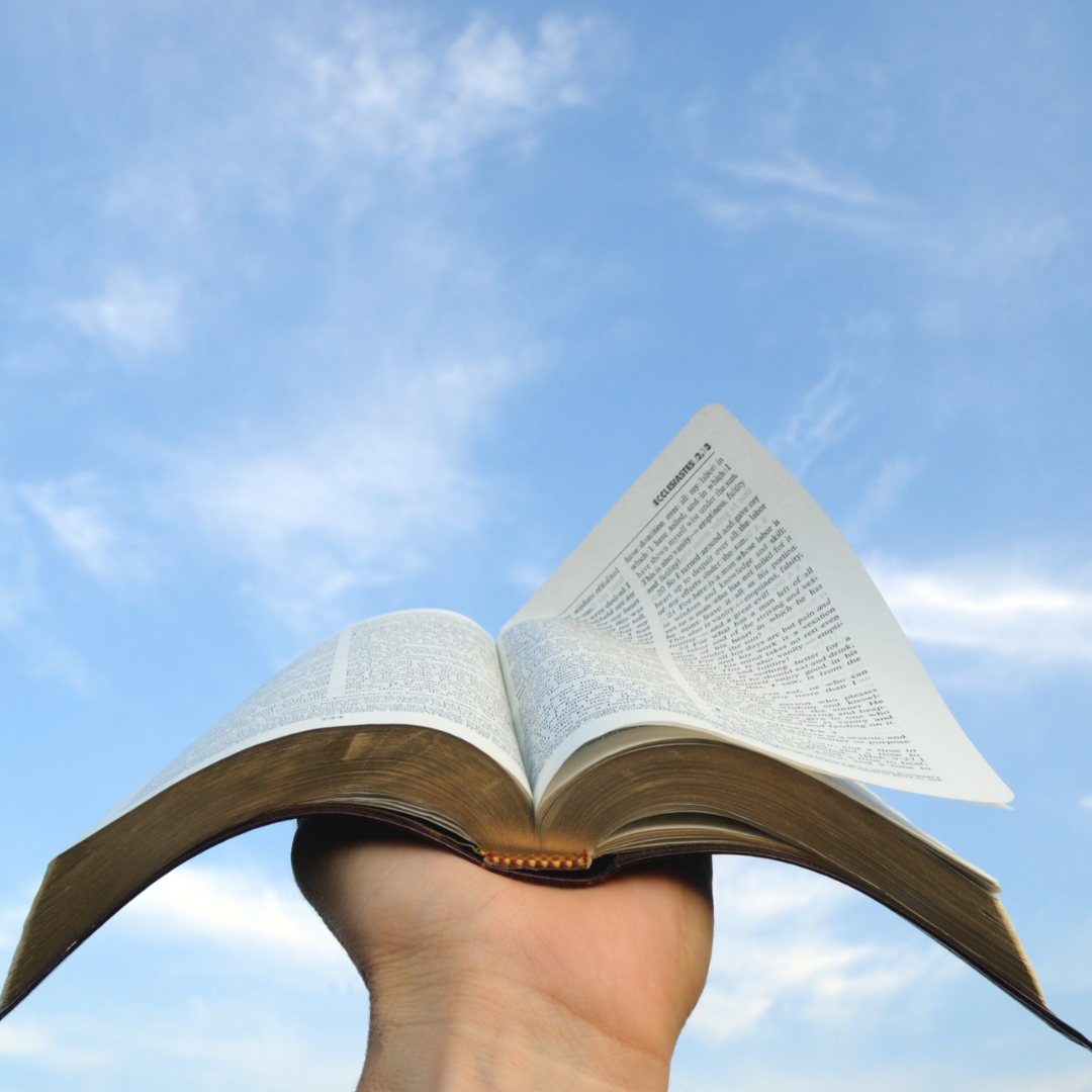 A hand holds an open book up to a blue sky with scattered clouds.