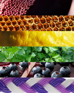 Close-up of bubbles, honeycomb, lemon peel, parsley, blueberries on cheesecake, and braided candy in stripes.