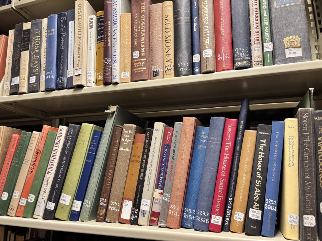 Two shelves of assorted colorful library books with call numbers on their spines, all arranged upright.